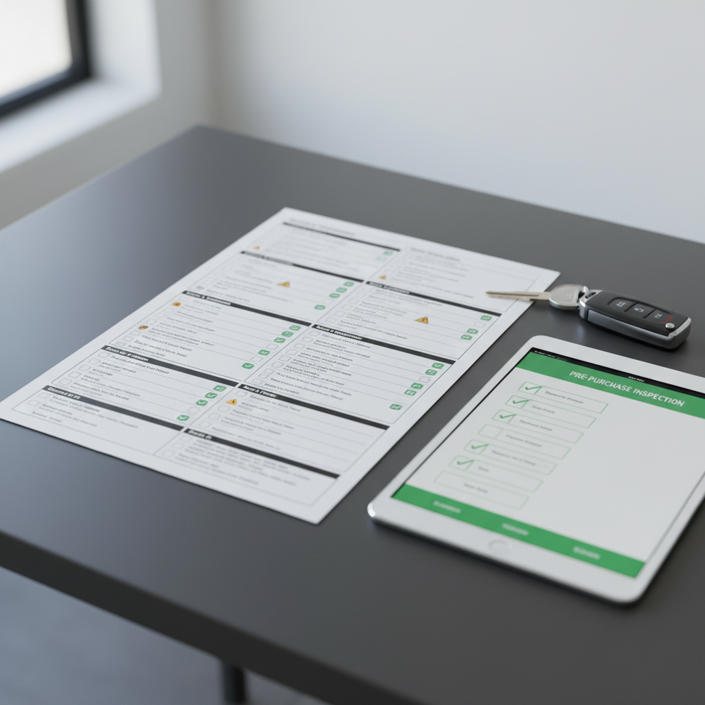 A close-up, overhead view of an open vehicle inspection report laid flat on a smooth charcoal desk beside a set of modern car keys and a tablet displaying a checklist interface. The report pages show clear, legible sections with green tick icons and a few amber warnings, all generic and unbranded. Cool, diffused daylight from a nearby window illuminates the scene, creating soft, minimal shadows and subtle reflections on the tablet screen. The background is uncluttered, with only a blurred hint of a white wall. Photographic realism, minimalist composition with a shallow depth of field accentuating the report and keys, evoking precision, transparency, and confidence in pre-purchase car inspections.