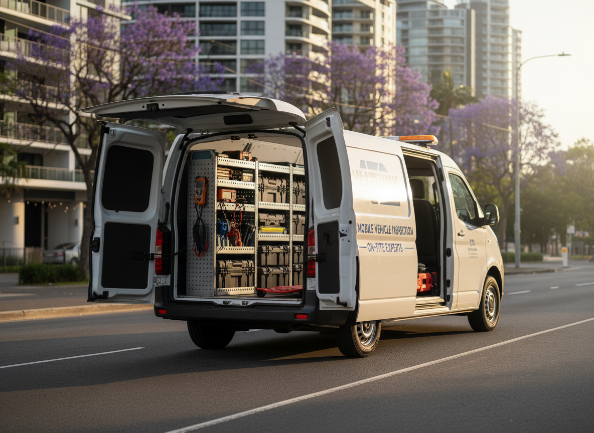 A compact, well-organised mobile inspection van parked curbside in an urban Brisbane street, rear doors open to reveal neatly secured diagnostic equipment, tool cases, and a portable creeper board. The van’s exterior features clean, generic branding for a mobile vehicle inspection service without specific logos. Warm, late-afternoon sunlight casts a golden glow on the side of the van and the textured asphalt, while high-rise apartments and street trees form a softly blurred backdrop. Photographic realism, captured from a slightly elevated three-quarter rear angle, with sharp focus on the open van interior. The scene feels efficient, trustworthy, and ready-to-dispatch, ideal for illustrating on-site inspections at a buyer’s location.