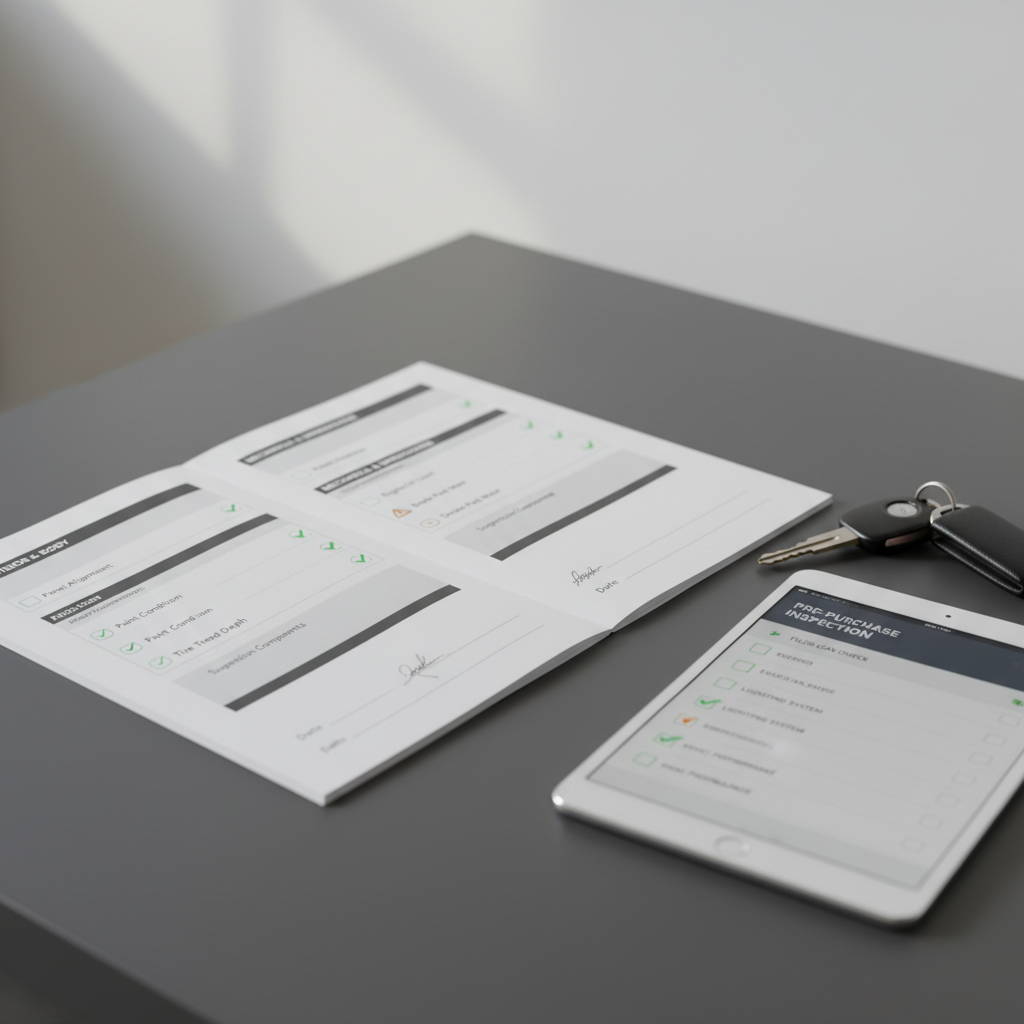 A close-up, overhead view of an open vehicle inspection report laid flat on a smooth charcoal desk beside a set of modern car keys and a tablet displaying a checklist interface. The report pages show clear, legible sections with green tick icons and a few amber warnings, all generic and unbranded. Cool, diffused daylight from a nearby window illuminates the scene, creating soft, minimal shadows and subtle reflections on the tablet screen. The background is uncluttered, with only a blurred hint of a white wall. Photographic realism, minimalist composition with a shallow depth of field accentuating the report and keys, evoking precision, transparency, and confidence in pre-purchase car inspections.