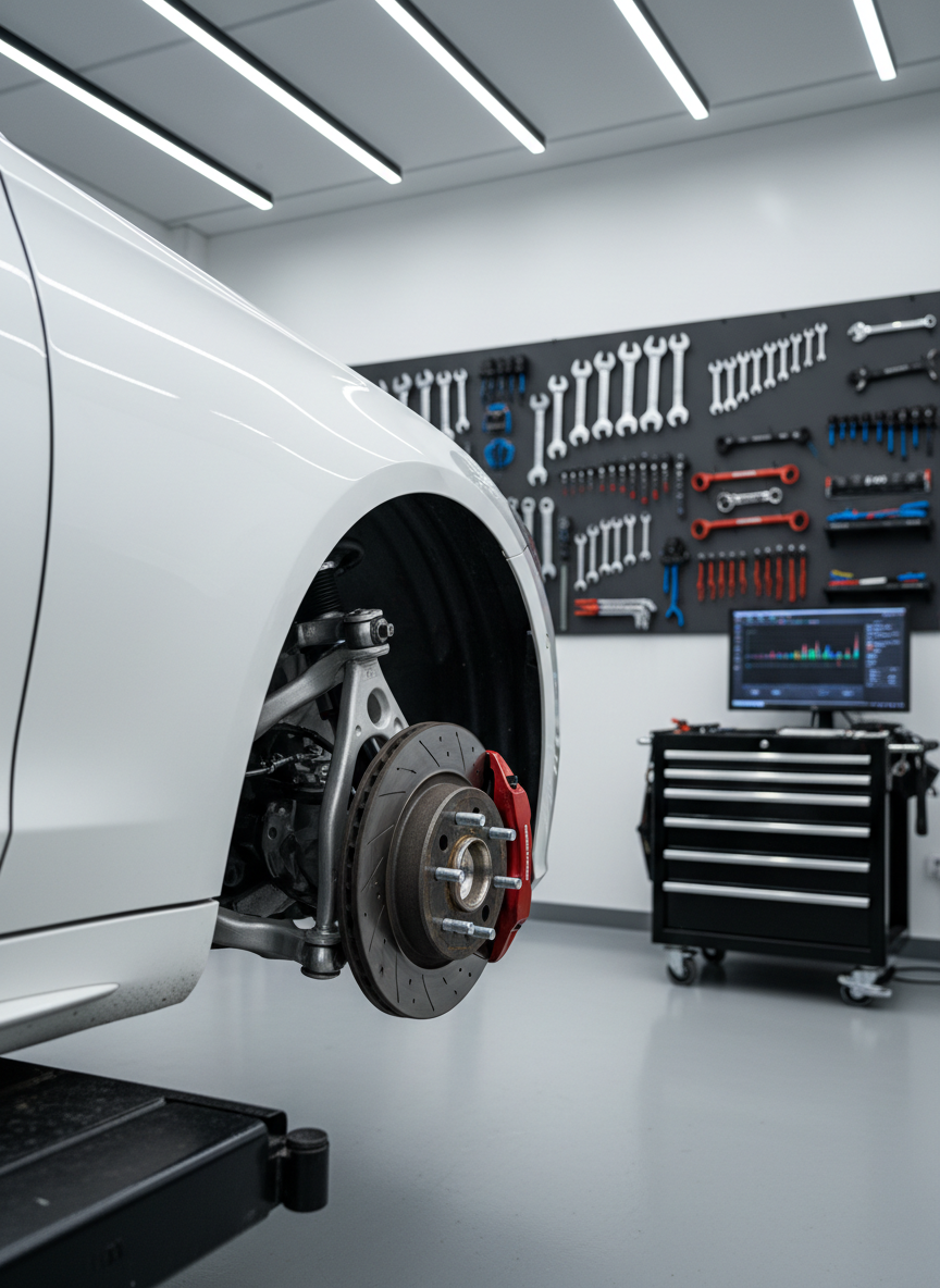 The front end of a glossy white sedan positioned on a hoist in a spotless, modern garage, with the camera focused on the front wheel, brake assembly, and suspension components. The surrounding workshop features neatly arranged tools on a shadow board and a mobile diagnostic cart with a dark screen showing abstract graphs. Cool white LED strip lights overhead provide even, shadow-free illumination, highlighting clean metallic surfaces and rubber textures. Photographic realism, shot at a low, three-quarter angle to emphasize mechanical detail while keeping the background softly blurred. The mood is highly professional and technical, underscoring thorough mechanical inspections and safety checks before buying a vehicle.