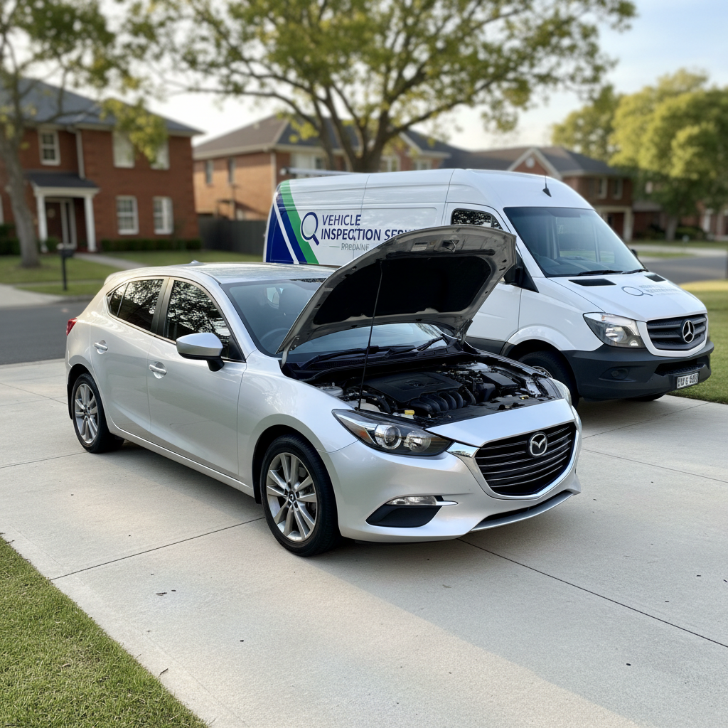 A late-model silver hatchback parked neatly in a clean suburban driveway, bonnet raised to reveal a well-maintained engine bay. A compact, branded mobile inspection van is parked a short distance behind it, clearly signposted with “Vehicle Inspection Service – Brisbane” graphics. Soft afternoon sunlight falls from the left, creating gentle reflections on the car’s panels and crisp shadows on the pale concrete. The background shows a blurred hint of tidy brick homes and leafy street trees. Photographic realism, shot at eye level with a slight three-quarter angle on the hatchback, sharp focus on the vehicles and a subtly blurred background, conveying professionalism, clarity, and reliability for a mobile car inspection service.