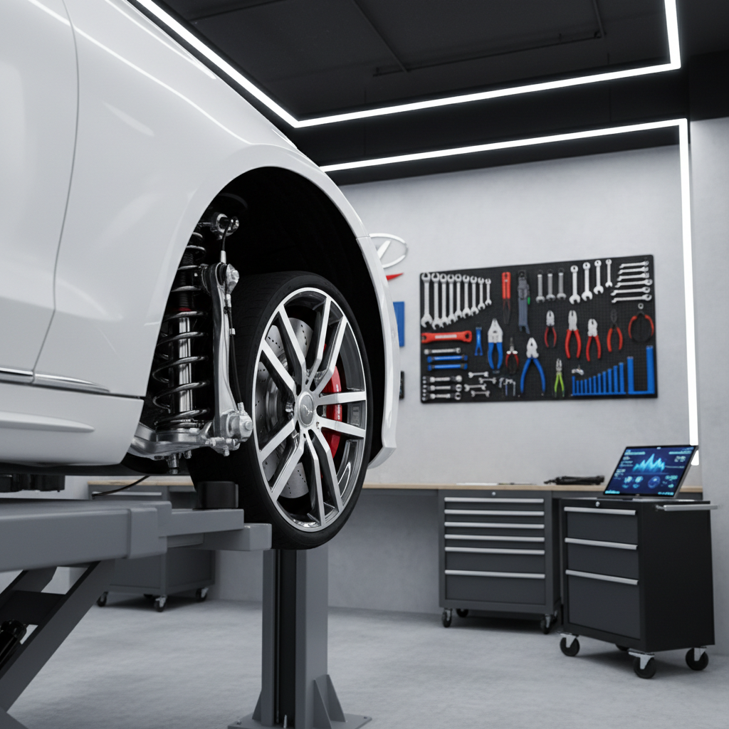 The front end of a glossy white sedan positioned on a hoist in a spotless, modern garage, with the camera focused on the front wheel, brake assembly, and suspension components. The surrounding workshop features neatly arranged tools on a shadow board and a mobile diagnostic cart with a dark screen showing abstract graphs. Cool white LED strip lights overhead provide even, shadow-free illumination, highlighting clean metallic surfaces and rubber textures. Photographic realism, shot at a low, three-quarter angle to emphasize mechanical detail while keeping the background softly blurred. The mood is highly professional and technical, underscoring thorough mechanical inspections and safety checks before buying a vehicle.
